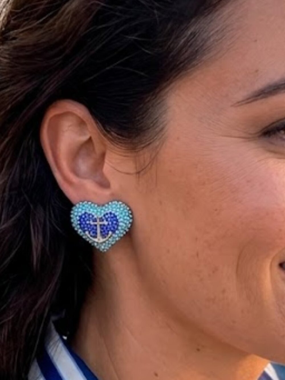 NWT Betsey Johnson Nautical Blue Pave Heart Anchor Stud Earrings